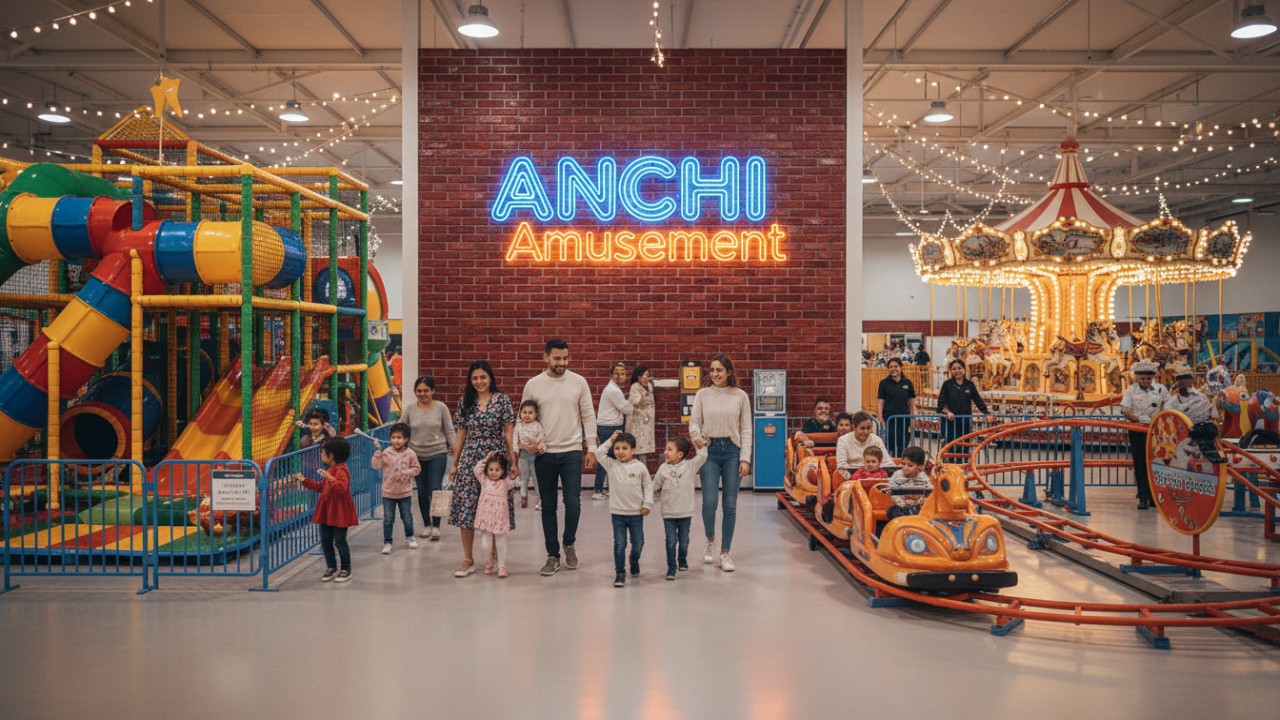 A successful and safe indoor amusement park scene featuring a large ANCHI Amusement sign and happy guests.