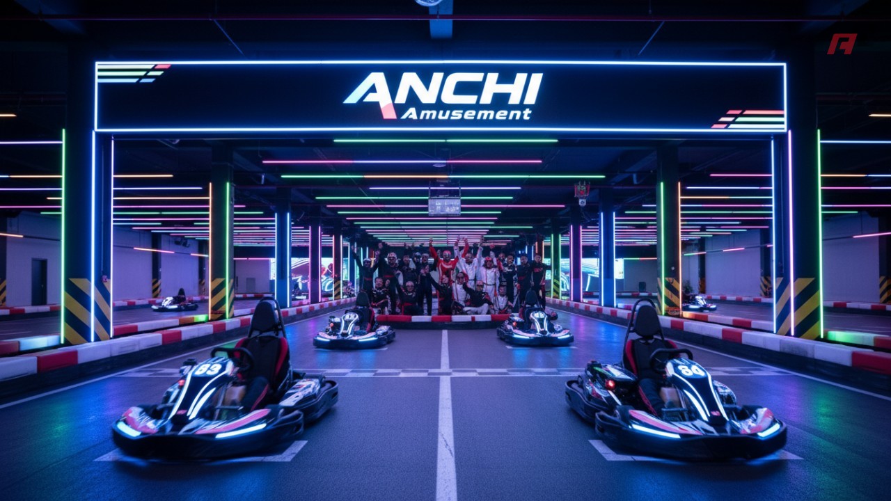 A thriving commercial indoor go-kart track designed by ANCHI Amusement showing a successful entertainment venue.