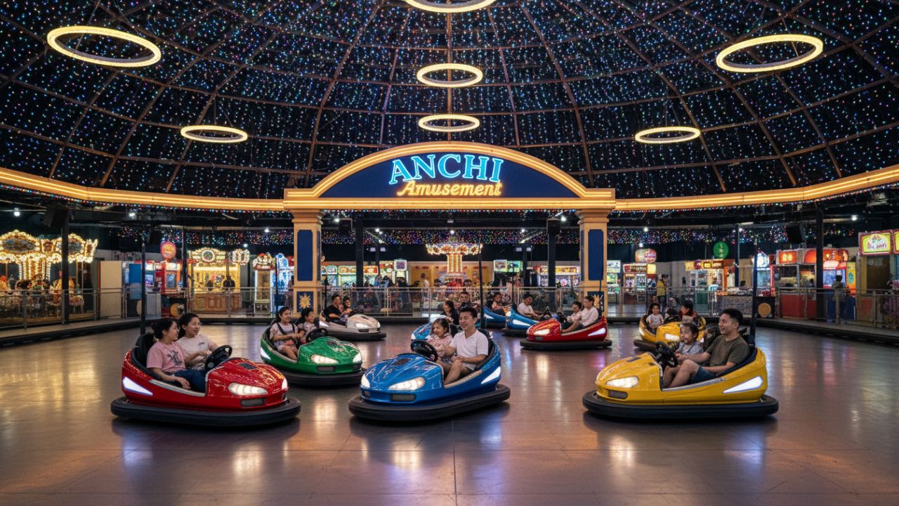 A thriving indoor bumper car arena filled with happy riders and a glowing ANCHI Amusement neon sign