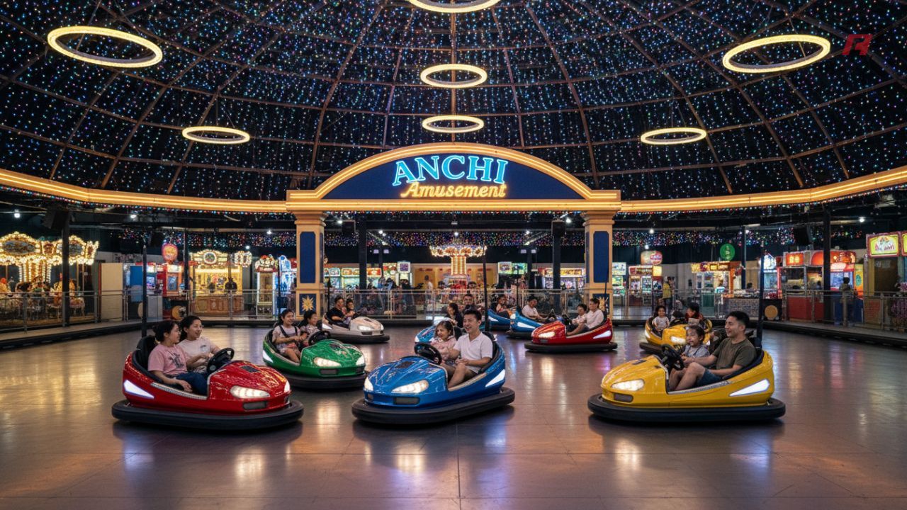A thriving indoor bumper car arena filled with happy riders and a glowing ANCHI Amusement neon sign