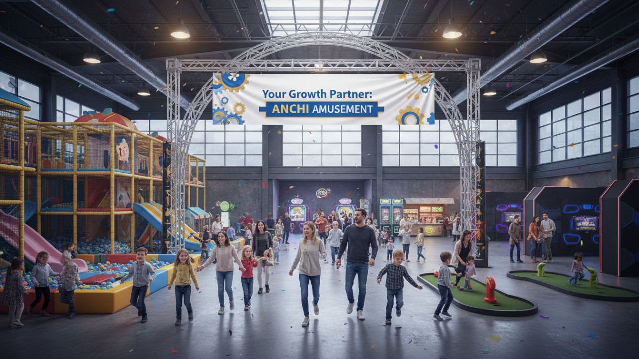 A vibrant and successful amusement park interior with a large sign mentioning ANCHI Amusement as a growth partner.