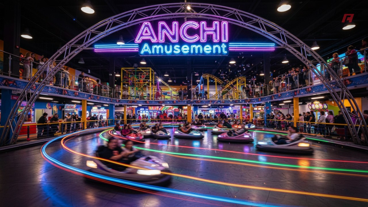 A vibrant and successful indoor bumper car arena with a large glowing ANCHI Amusement neon sign above the entrance.