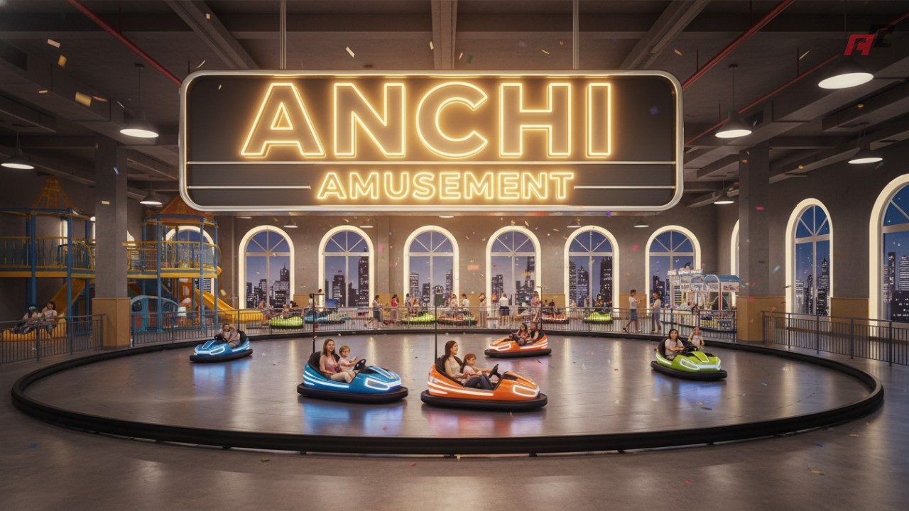 A vibrant indoor amusement park scene with families enjoying rides and a large glowing ANCHI Amusement marquee sign in the foreground.