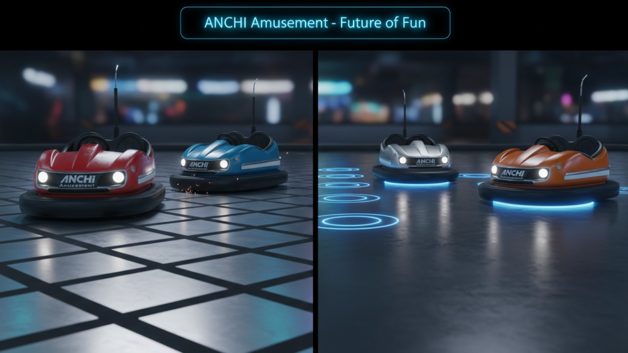 A visual comparison between traditional electric grid floors and modern battery-operated bumper car floor systems.