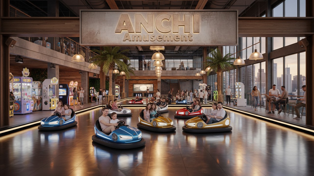 A wide cinematic shot of a high-quality completed bumper car arena facility featuring the ANCHI Amusement brand.