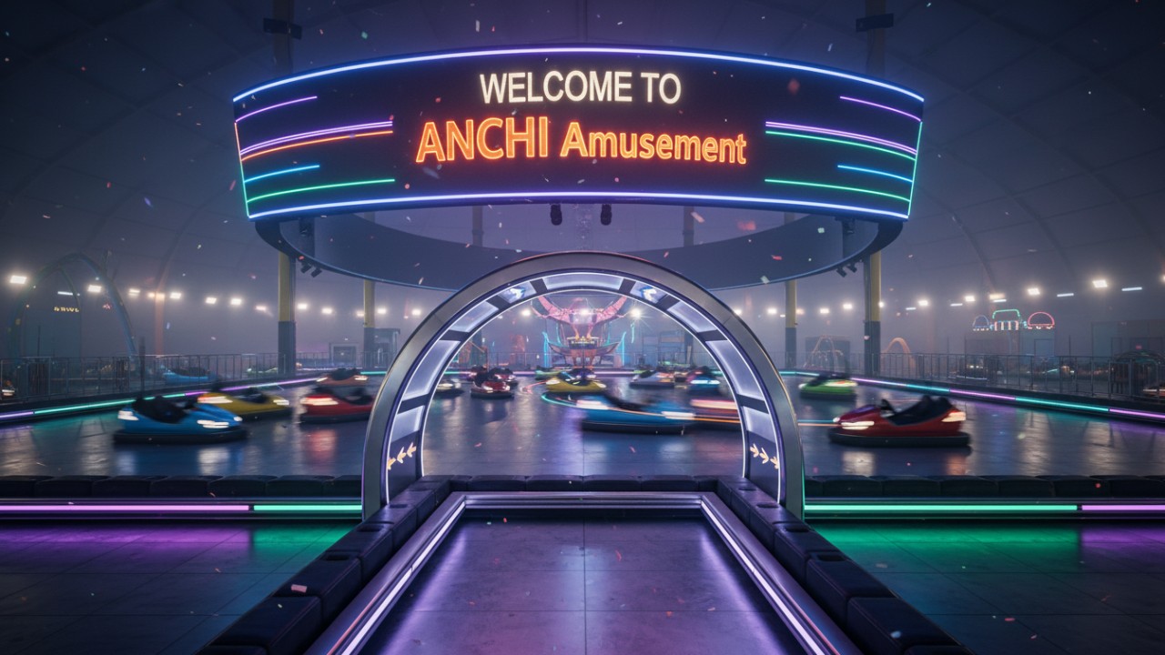 A wide shot of a successful and colorful bumper car installation at a theme park featuring a large ANCHI Amusement brand sign.