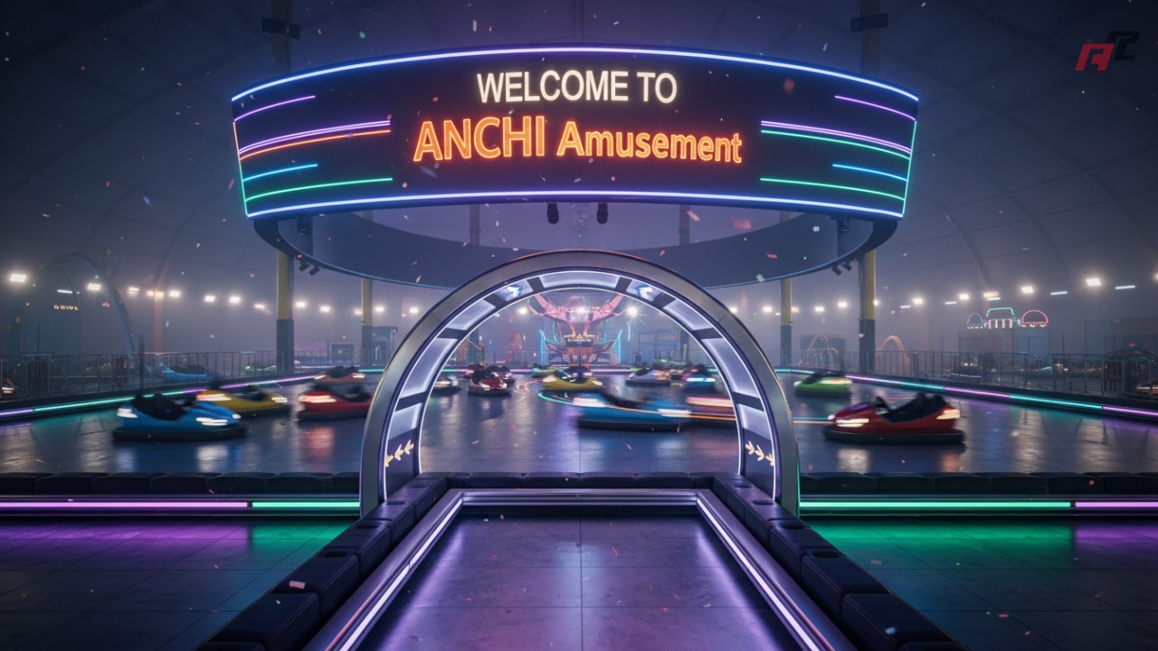 A wide shot of a successful and colorful bumper car installation at a theme park featuring a large ANCHI Amusement brand sign.