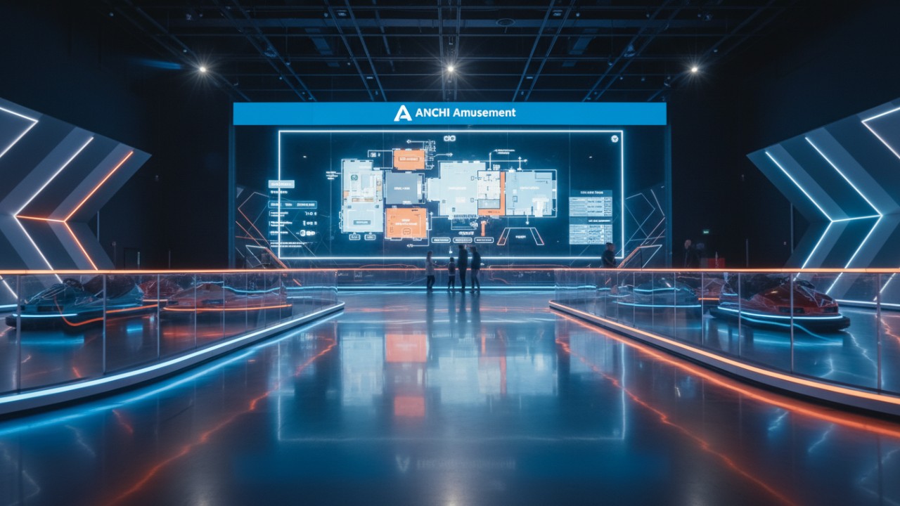 An architectural 3D render of a perfectly designed bumper car arena layout featuring ANCHI Amusement branding on a design screen.