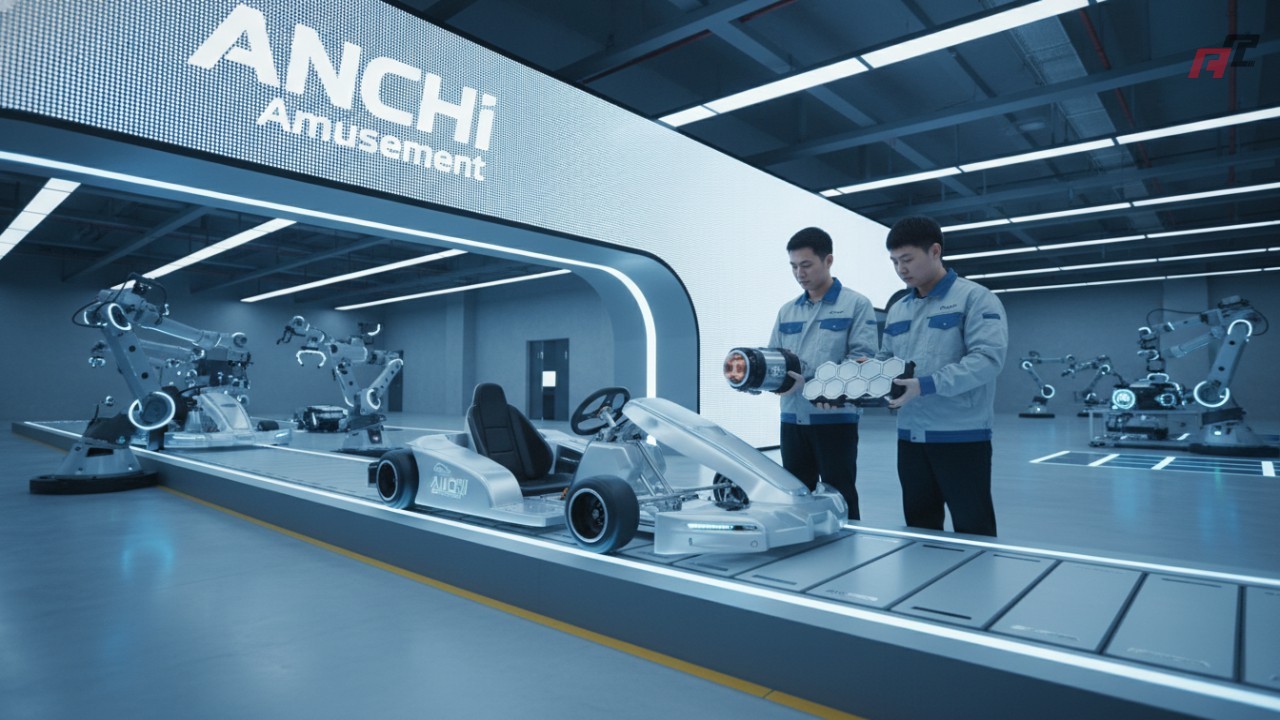 An electric go-kart being assembled in a high-tech ANCHI Amusement manufacturing facility.