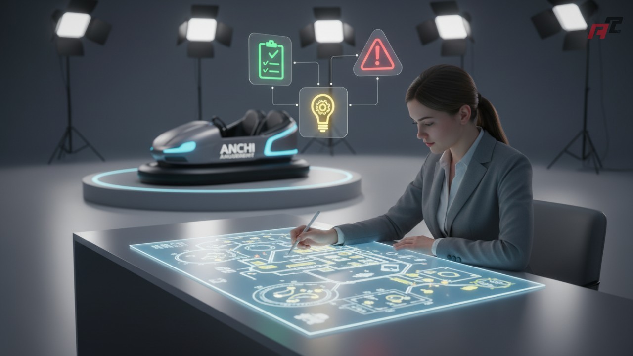 An illustration of a business owner planning an entertainment center with an ANCHI Amusement bumper car in the background.