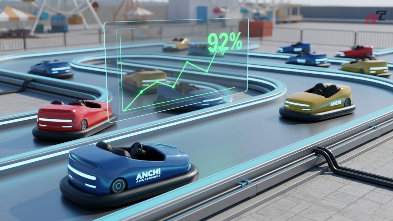 An isometric illustration of a bumper car track with a financial growth graph and a car labeled ANCHI Amusement
