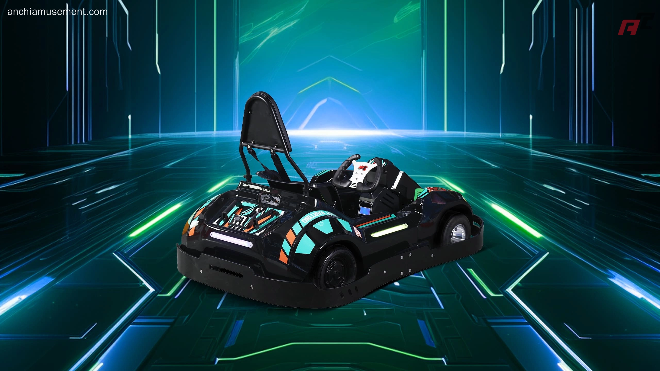 Karts eléctricos de alta velocidad para niños, Green Side Anchi Aquí hay un texto alternativo más descriptivo para la imagen: "Kart eléctrico negro y verde azulado con jaula antivuelco abierta, ubicado sobre un fondo de pista de circuito futurista y brillante".
