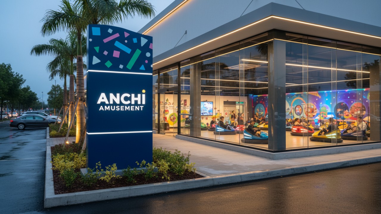 The exterior of a modern family entertainment center at night with a large illuminated sign for ANCHI Amusement.