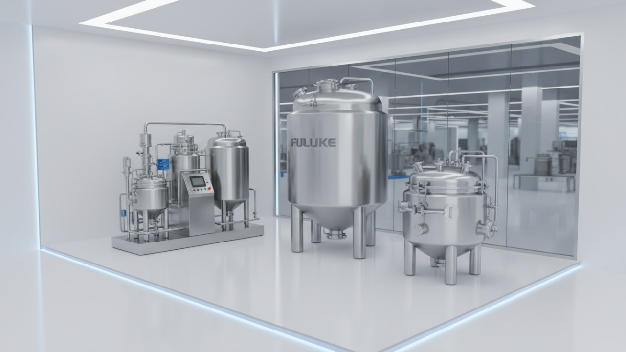 A 3D illustration of various industrial stainless steel mixing tank types with the FULUKE brand name clearly visible on the equipment.