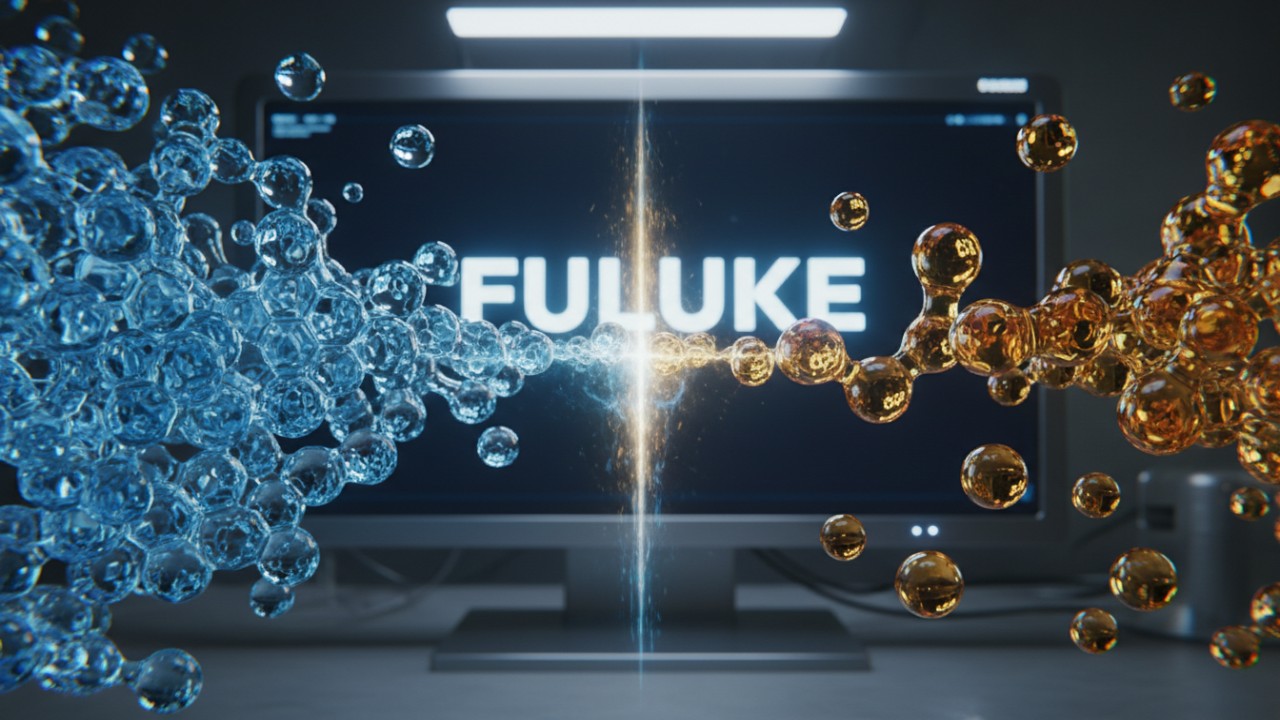 A 3D scientific visualization of water and oil molecules repelling each other with a FULUKE digital display in a laboratory setting