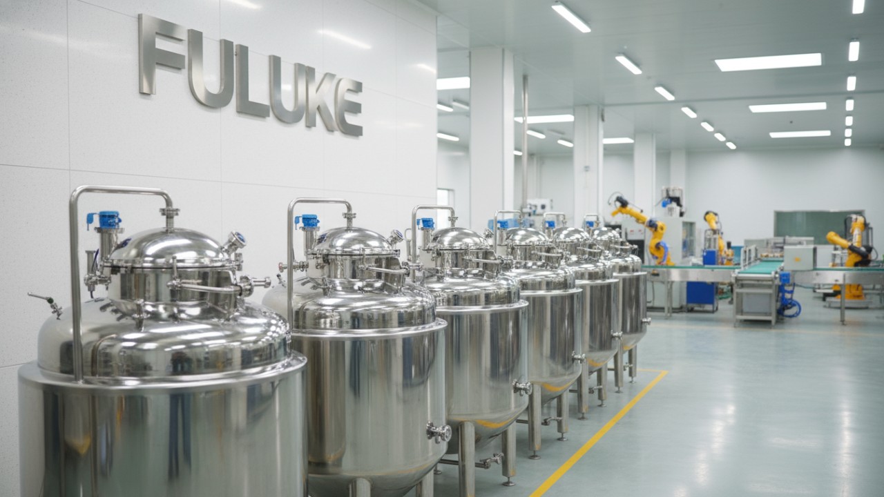 A clean and modern industrial facility featuring a line of FULUKE mixing tanks symbolizing manufacturing success and reliability
