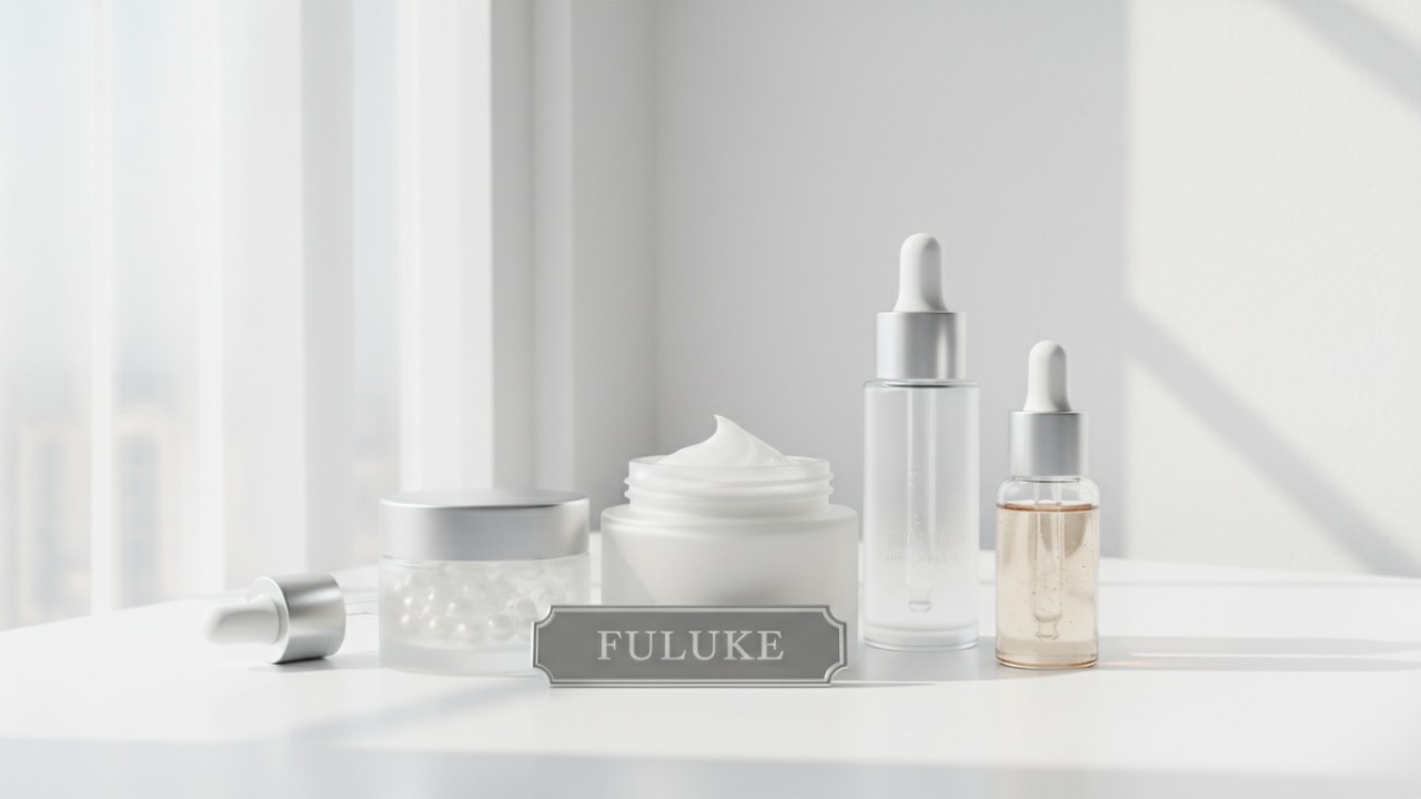 A collection of finished cosmetic and pharmaceutical emulsion products with a silver FULUKE brand plaque