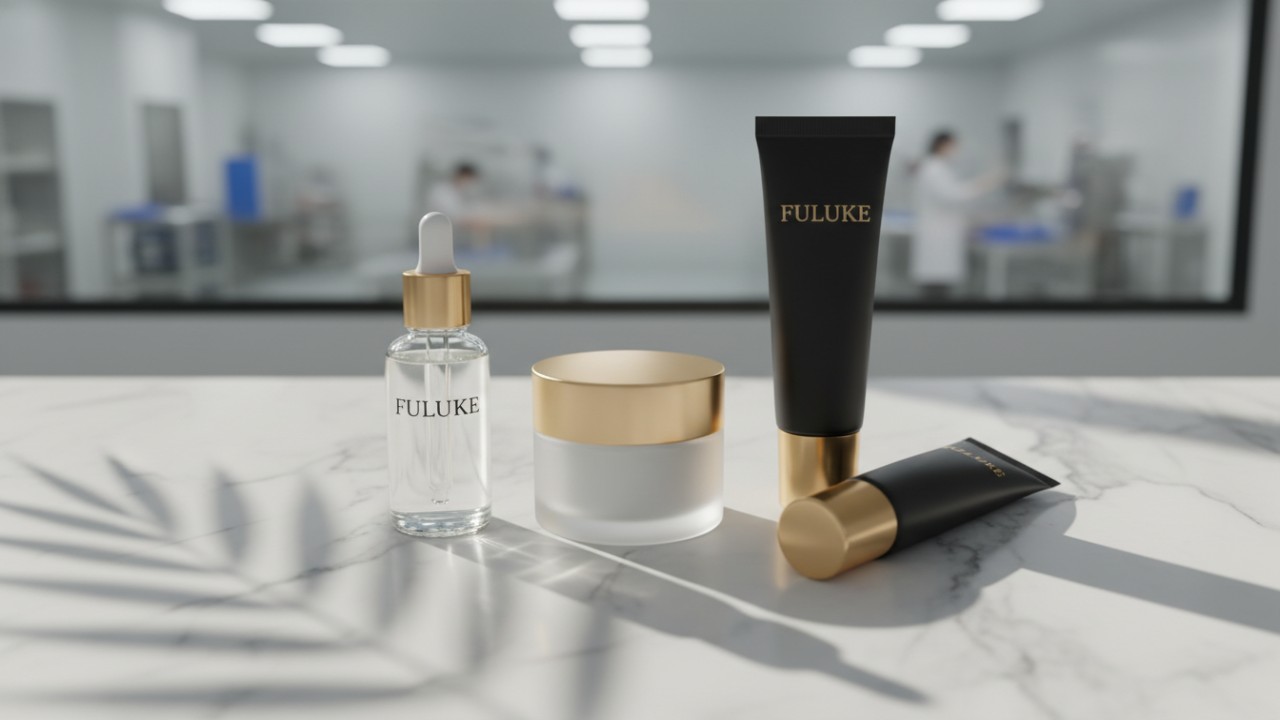 A collection of high-end cosmetic products with FULUKE branding on a marble surface