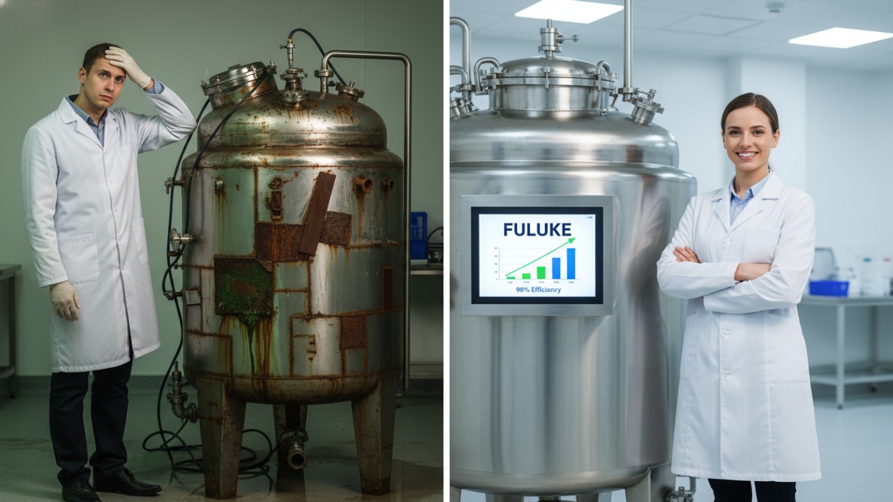 A comparison showing the correct selection of a stainless steel mixing tank with a FULUKE digital control interface.