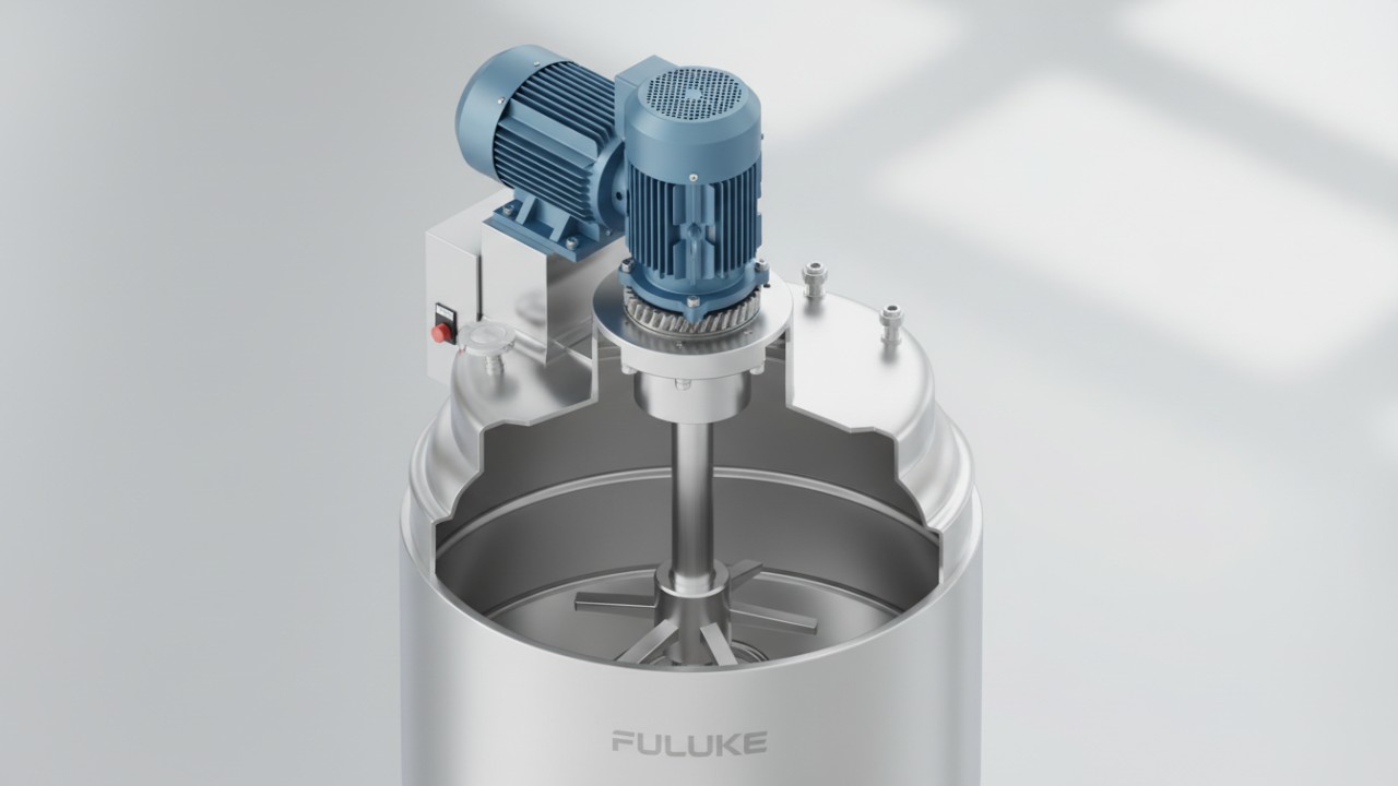 A detailed 3D cutaway showing the internal components of a FULUKE industrial mixing tank including the impeller and agitator shaft