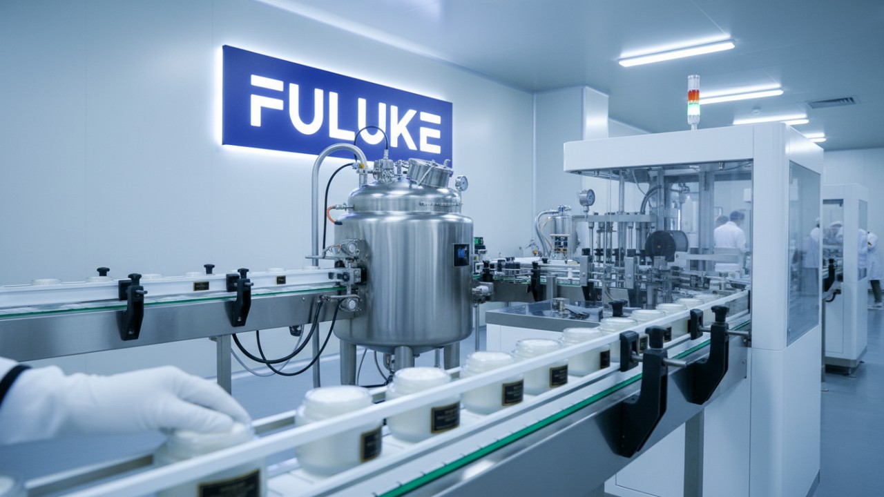 A finished production line showing the successful manufacturing process with FULUKE branding on the factory wall