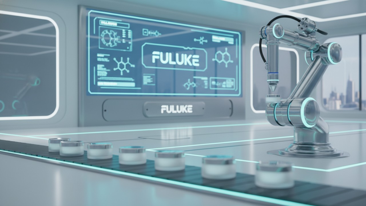 A futuristic cosmetic production line for 2026 featuring automated machinery and the FULUKE brand logo