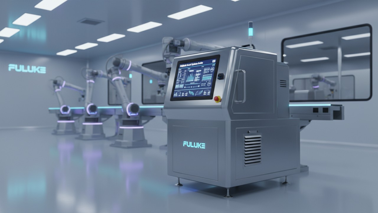 A high-tech FULUKE vacuum emulsifier with a smart automation touchscreen in a futuristic factory setting