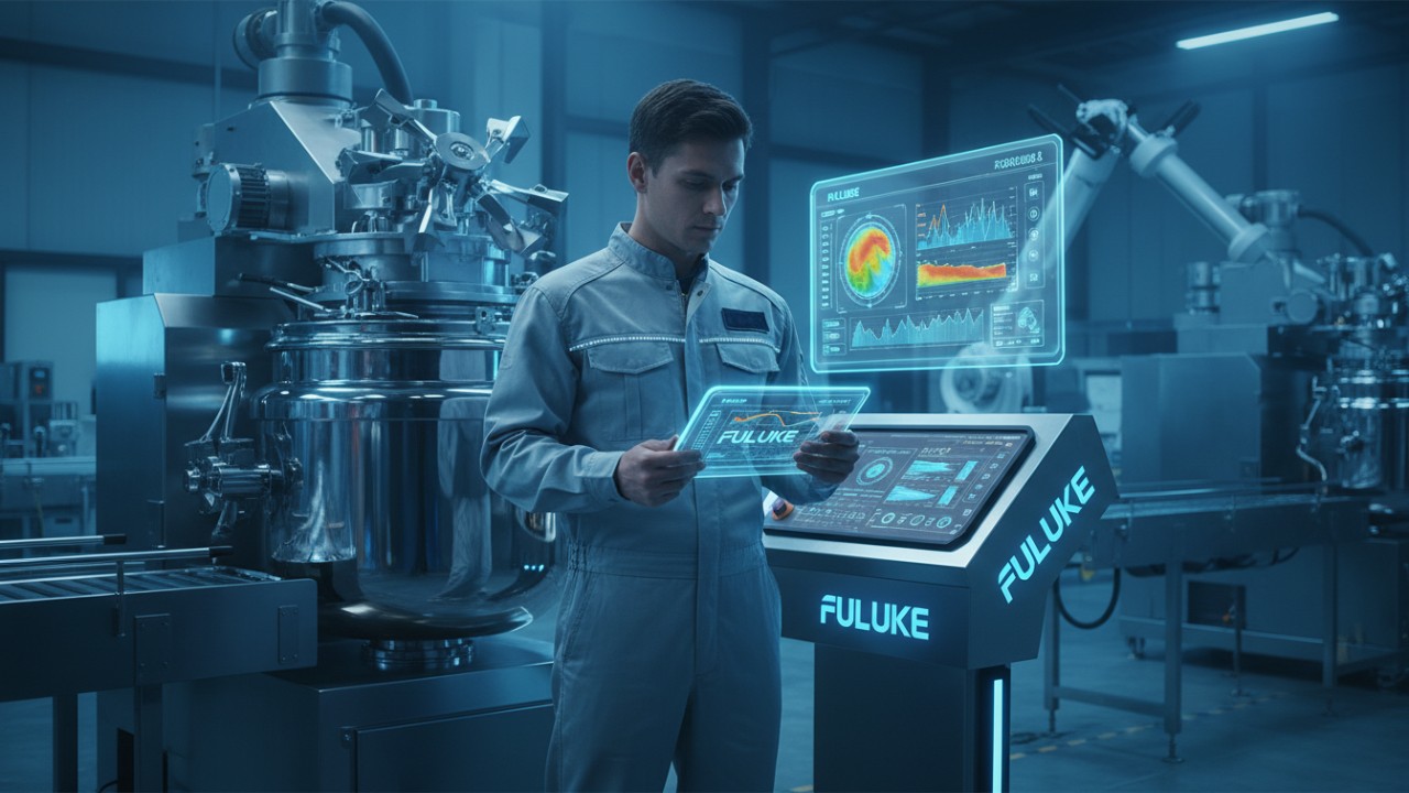 A maintenance engineer using advanced digital diagnostic tools to monitor a FULUKE mixing tank for predictive maintenance