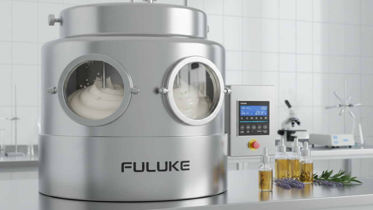 A stainless steel cosmetic mixing tank with the FULUKE brand name in a clean laboratory setting