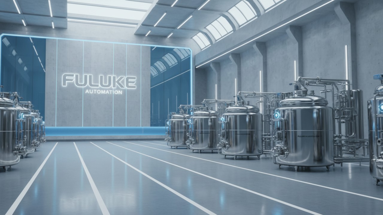 A wide view of a modern automated factory line featuring mixing tanks and a large illuminated FULUKE logo on the wall.
