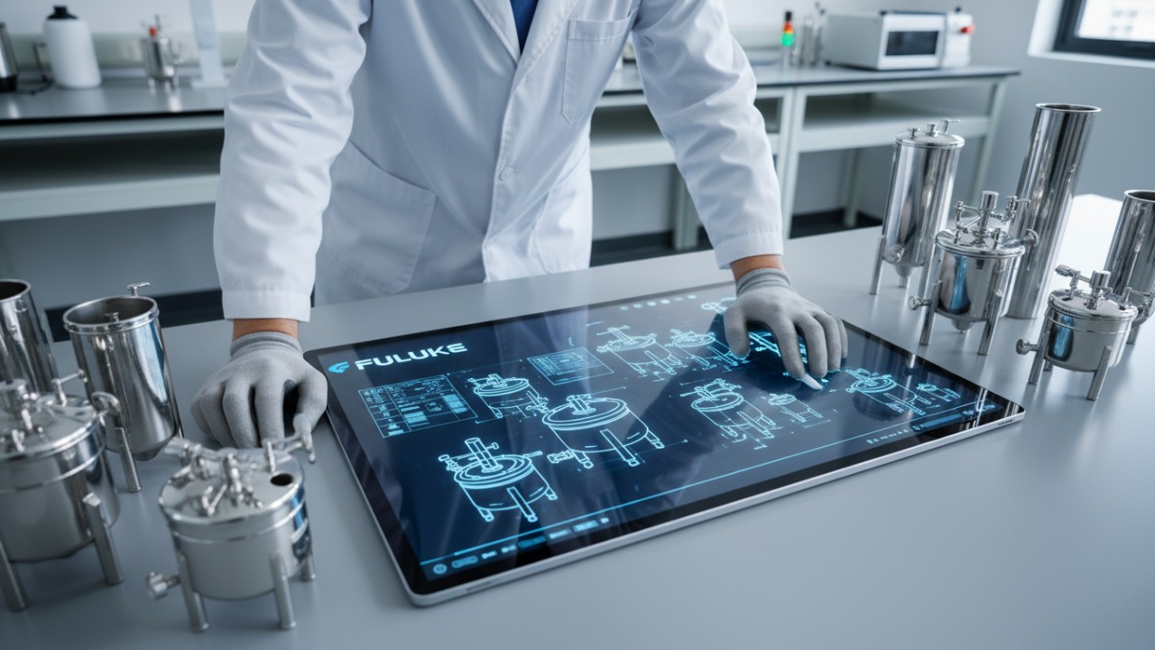 An engineer reviewing technical blueprints for mixing equipment with the FULUKE logo visible on the digital screen