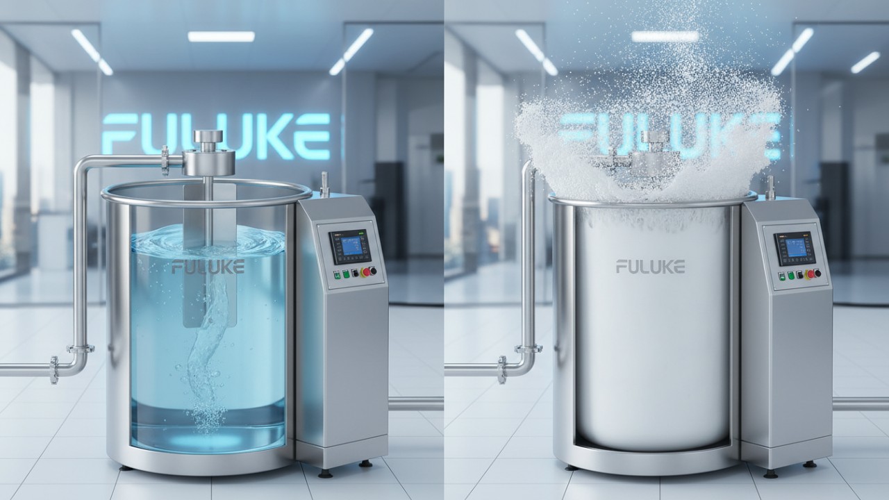 An industrial comparison between a standard mixing tank and a high-shear emulsifier both featuring the FULUKE brand name