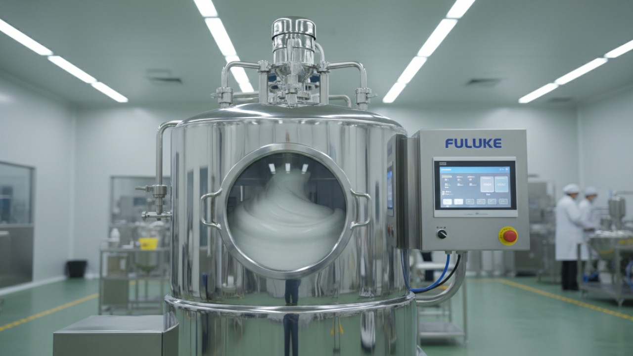 An industrial vacuum emulsification machine with the FULUKE brand name visible on the digital control panel