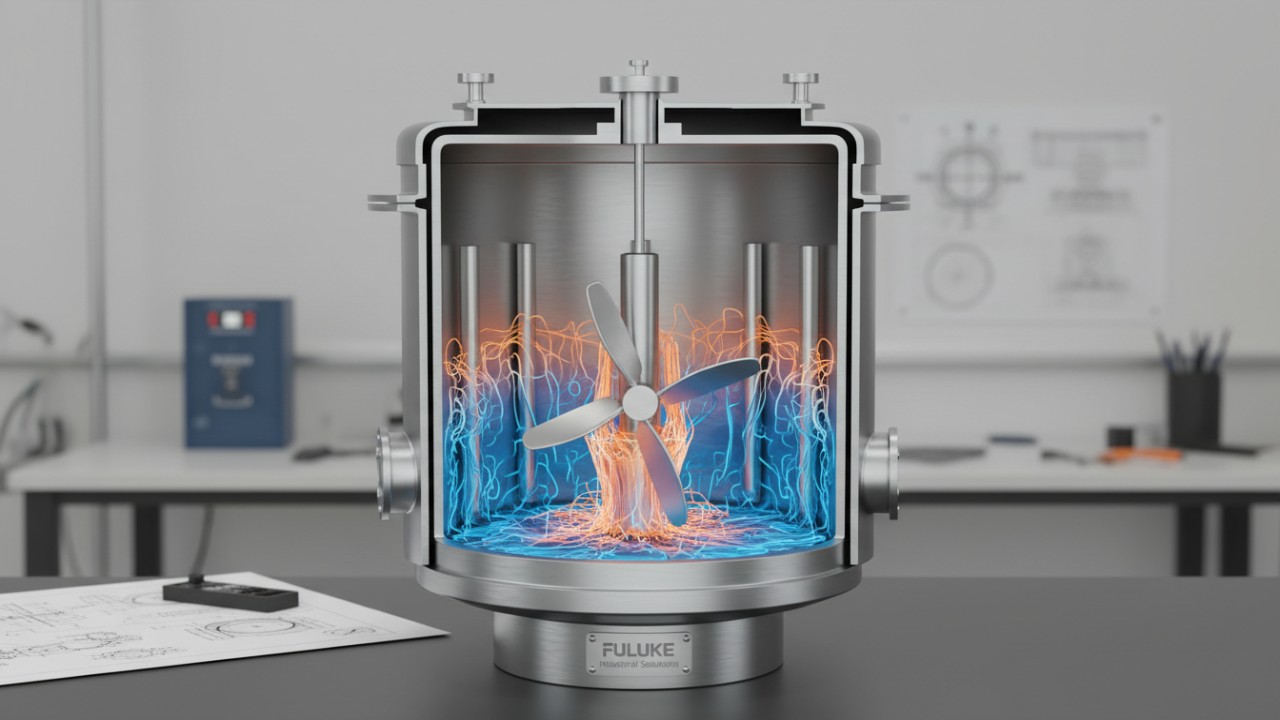 Cross section diagram of an industrial mixing tank showing internal baffles and fluid flow