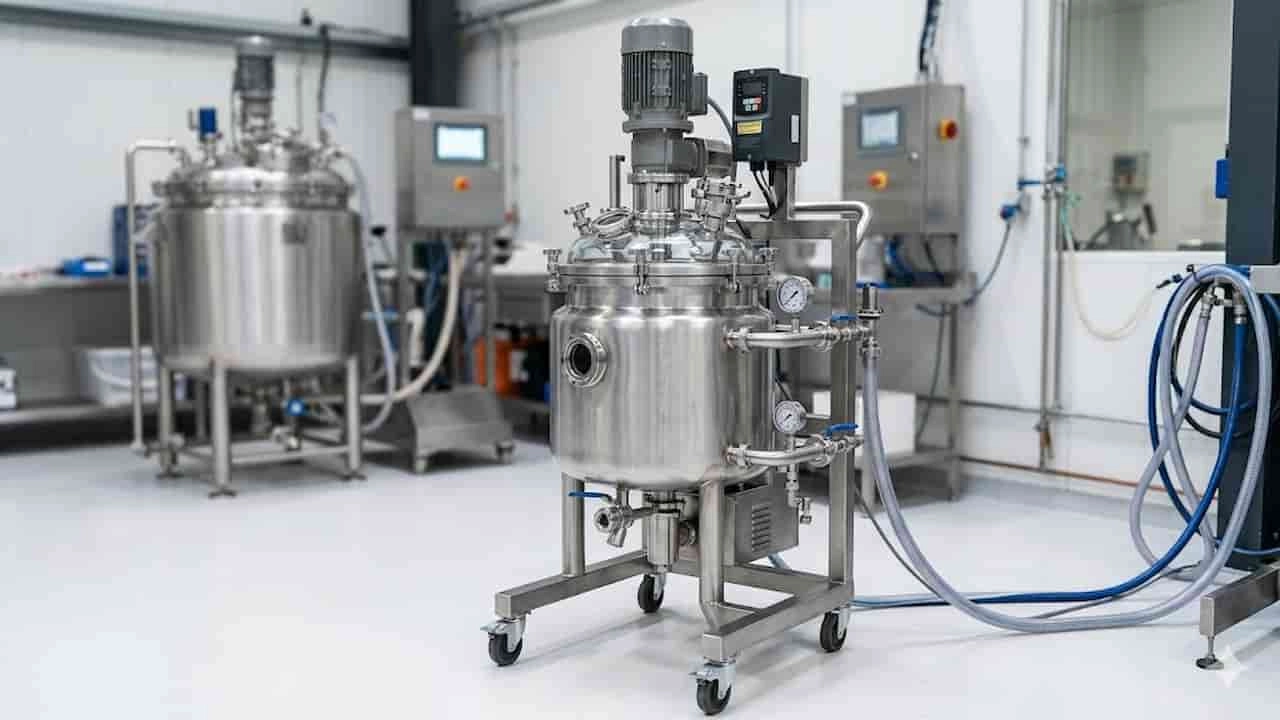 Industrial stainless steel mixing tank with motor and gauges in a cleanroom laboratory. - FULUKE
