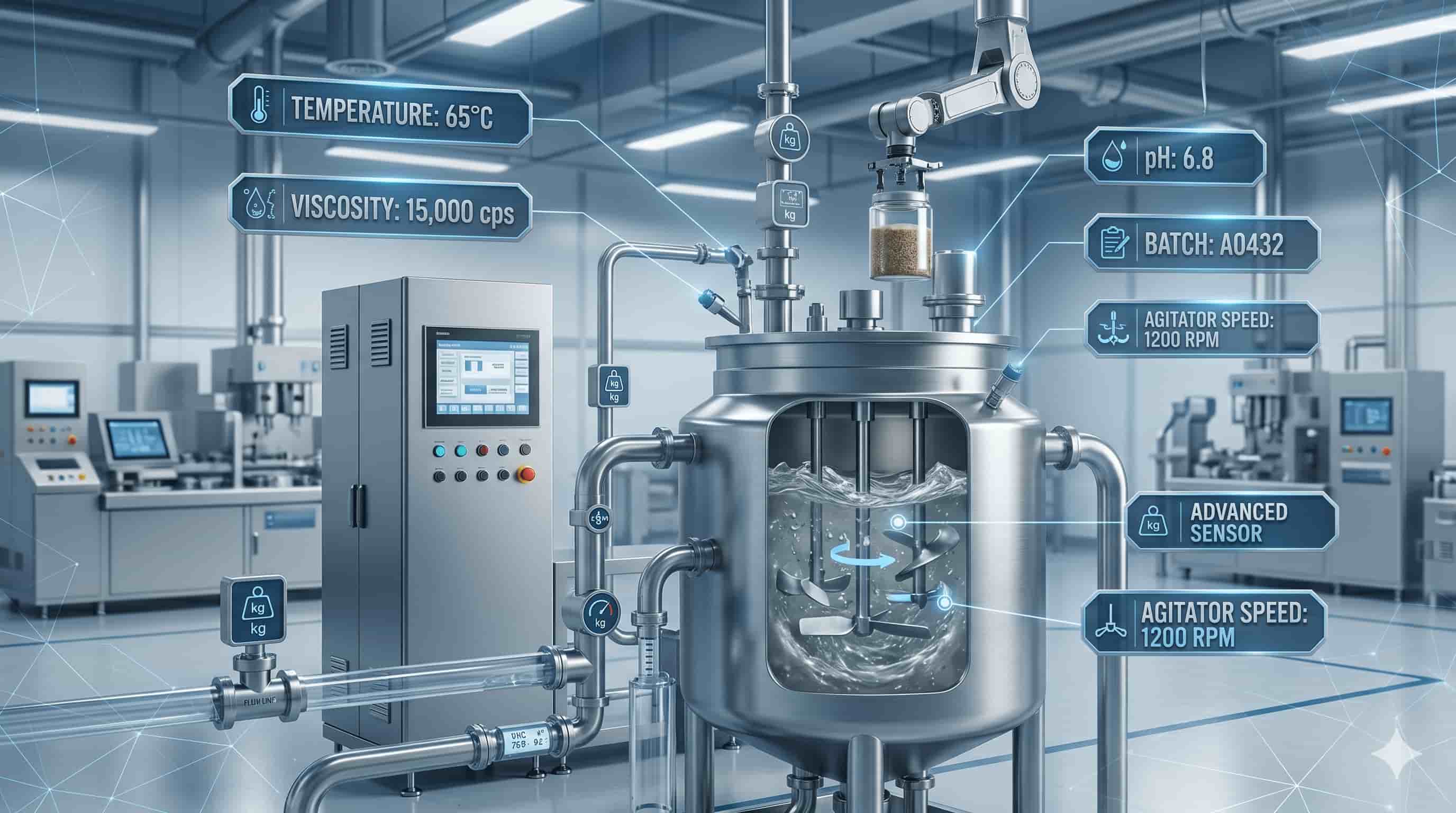 Industrial mixing tank with digital monitoring and automated control systems.