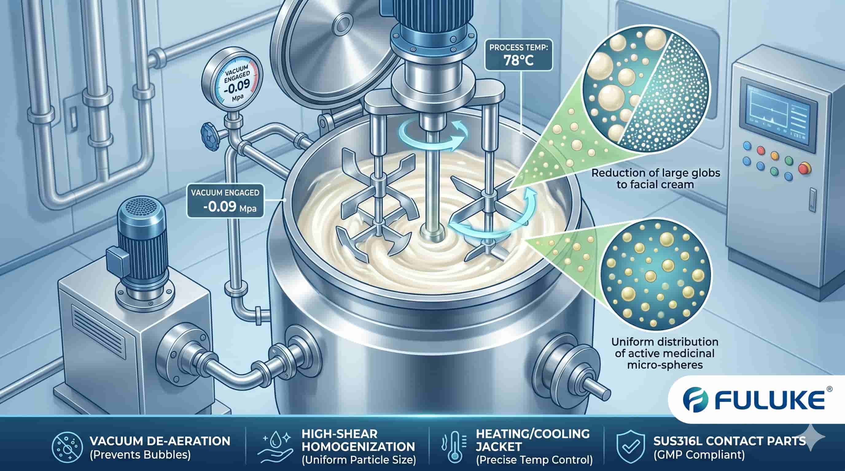 Diagram of a high-shear vacuum homogenization mixer for cosmetic manufacturing.