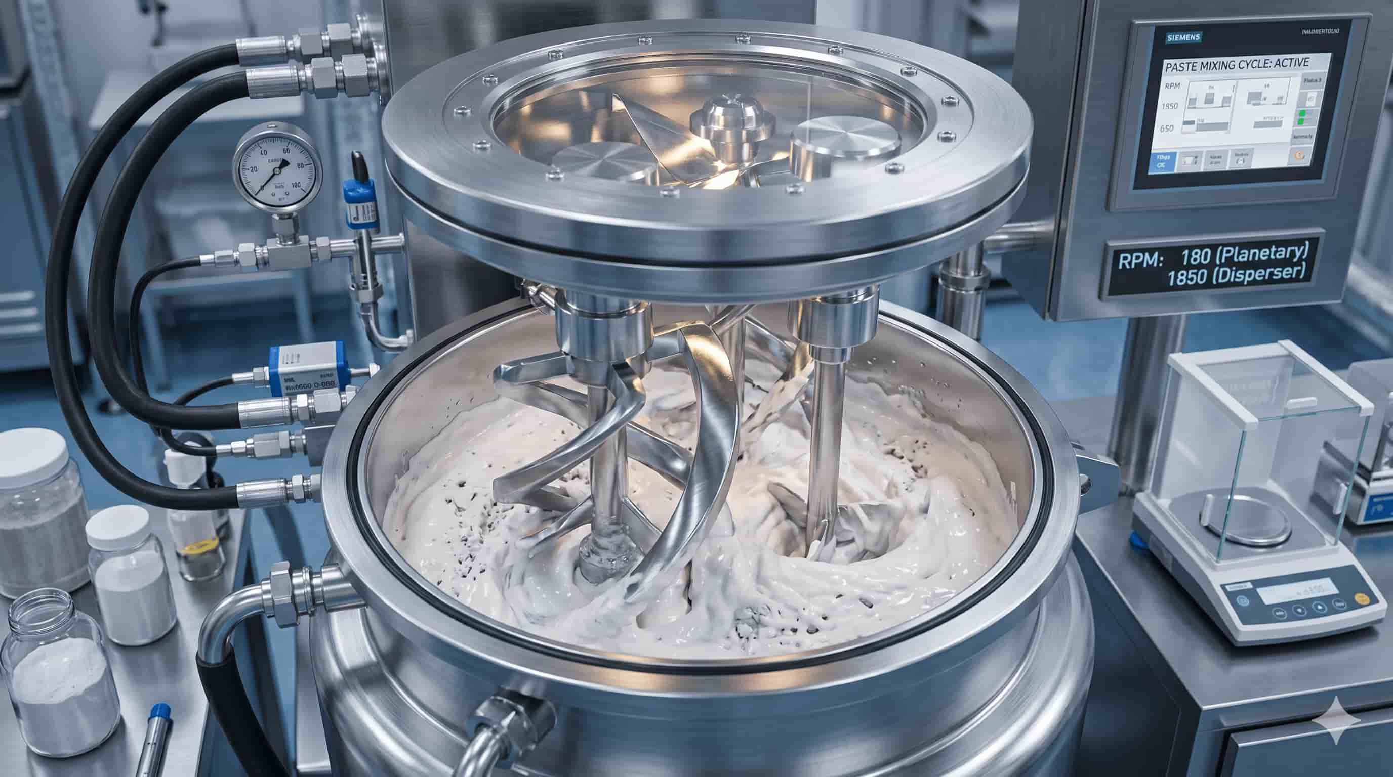 Industrial planetary mixer blending a thick white paste in a stainless steel vat.