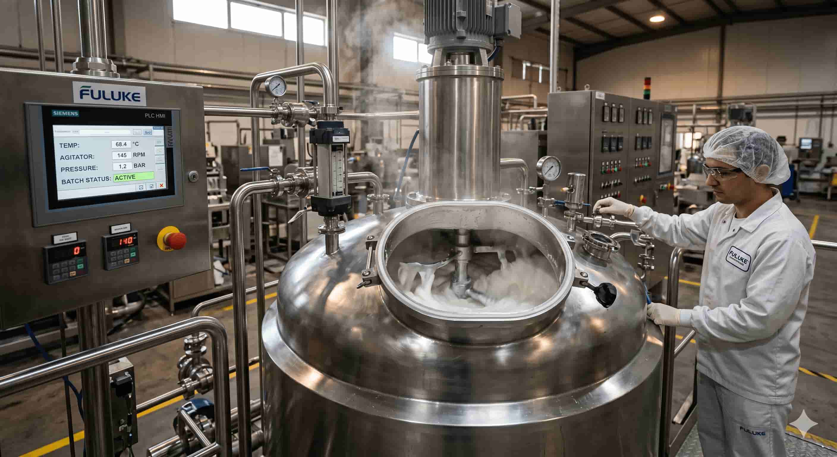 A technician monitors a large industrial mixing tank in a factory.