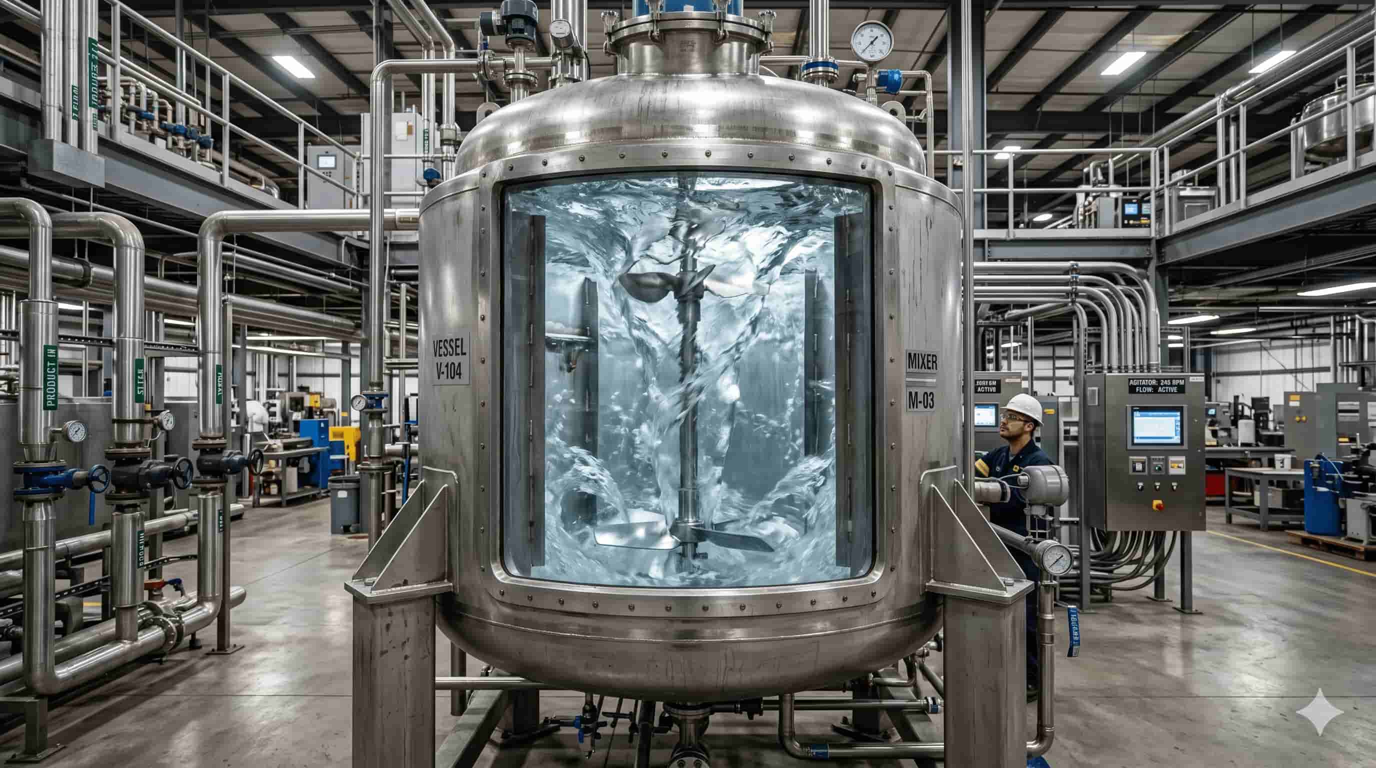 Industrial steel mixing vessel with a glass window showing water churning.