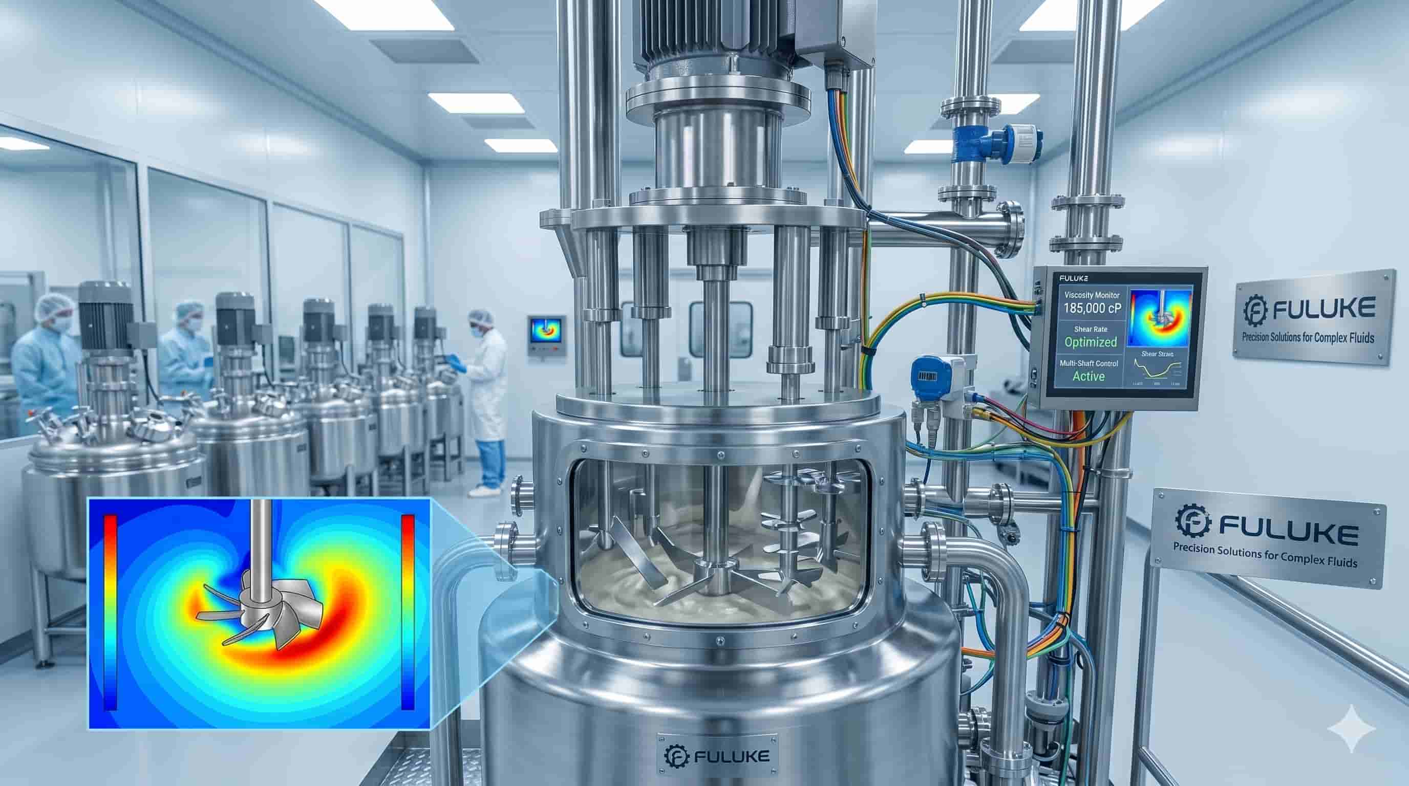 Industrial Fuluke fluid mixing machinery in a sterile laboratory setting.