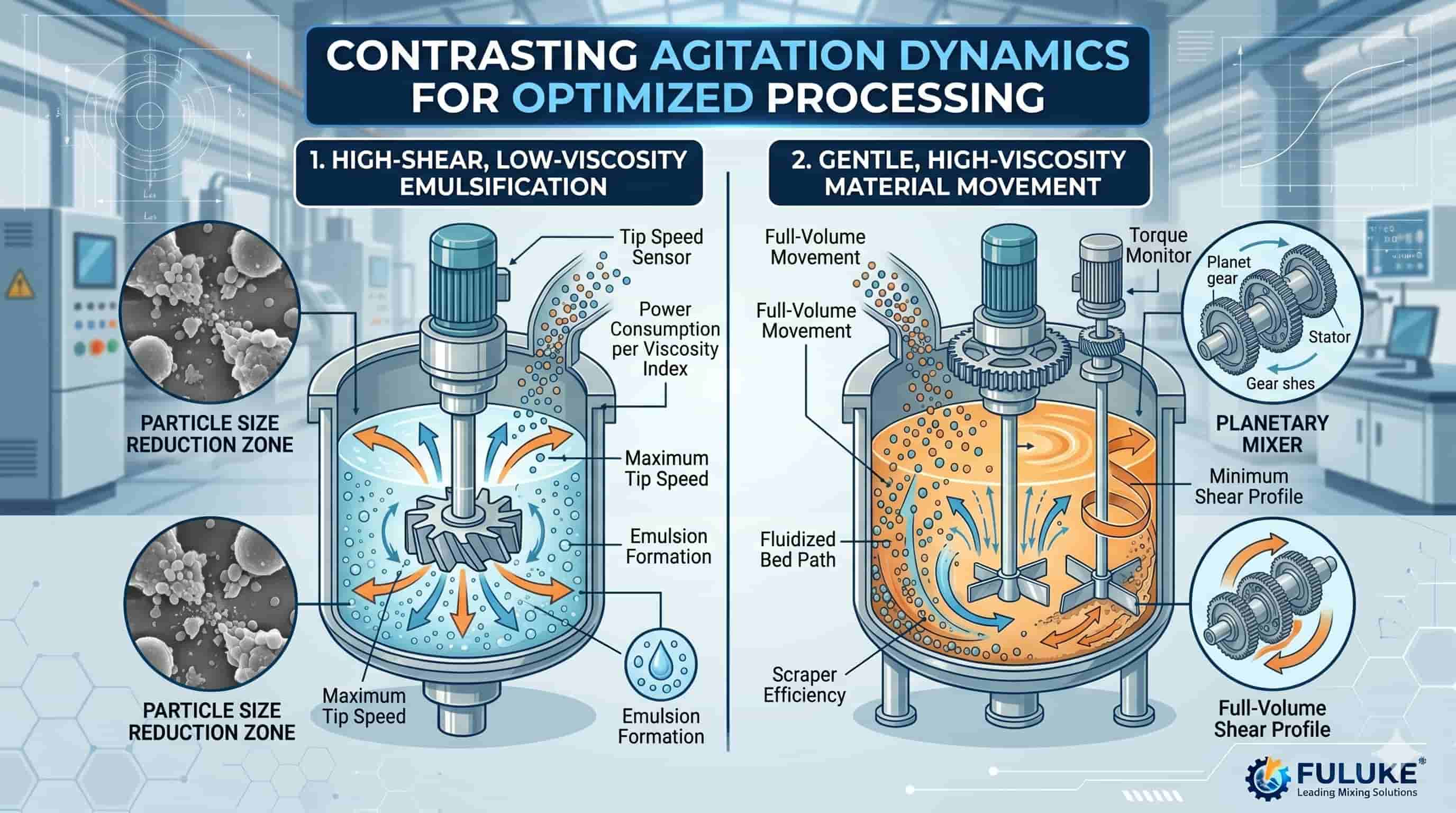 Diagram comparing high-shear emulsification and planetary mixing dynamics.