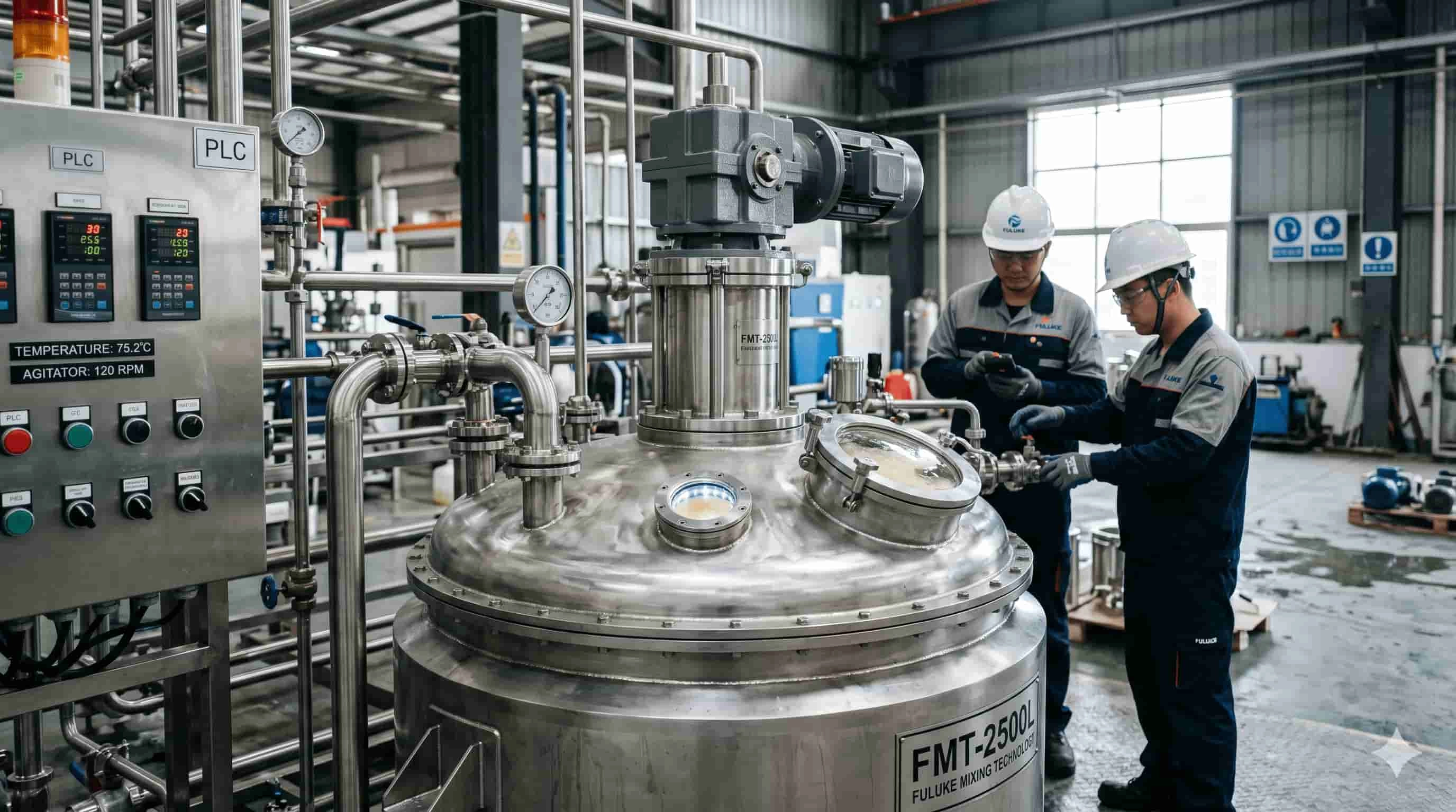 Two engineers in hard hats operating a large industrial steel mixing tank. - FULUKE
