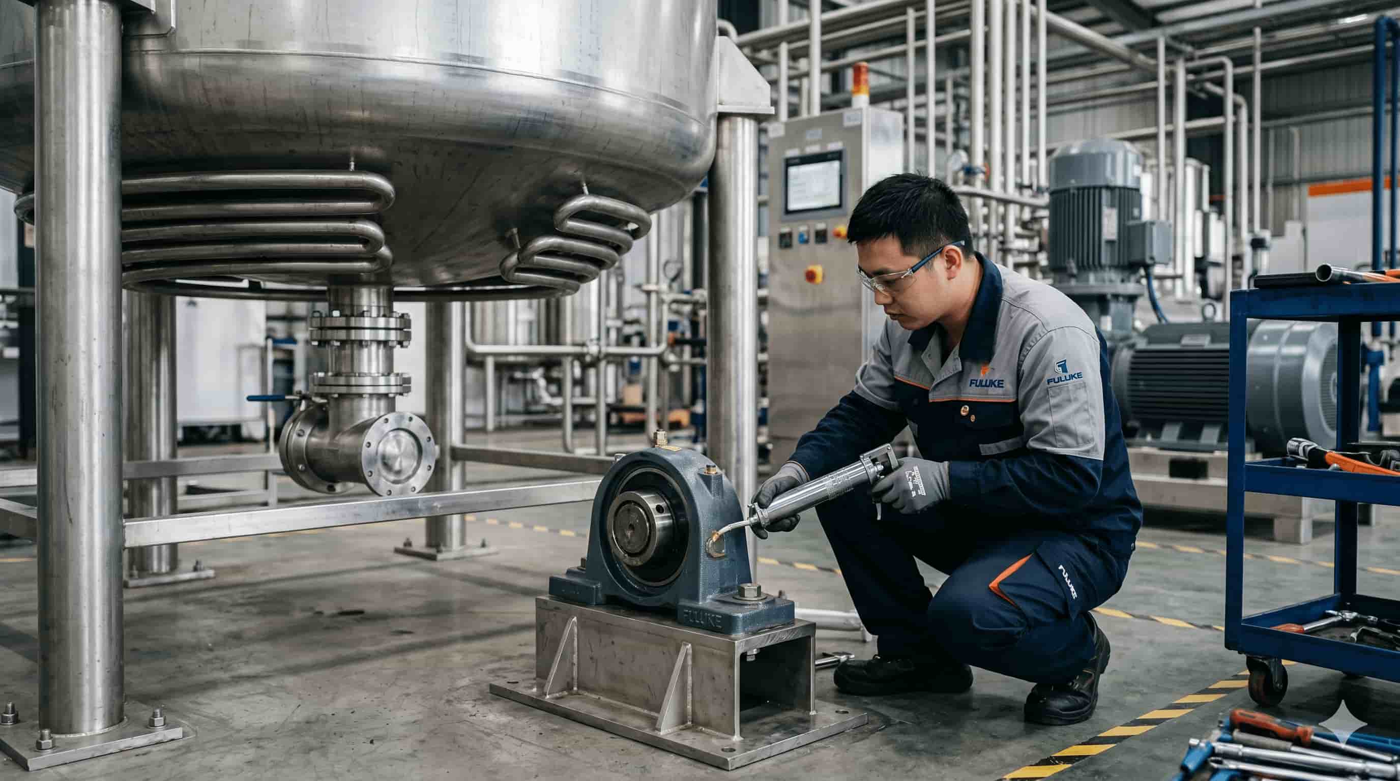 A technician in a factory applies lubricant to industrial machinery.