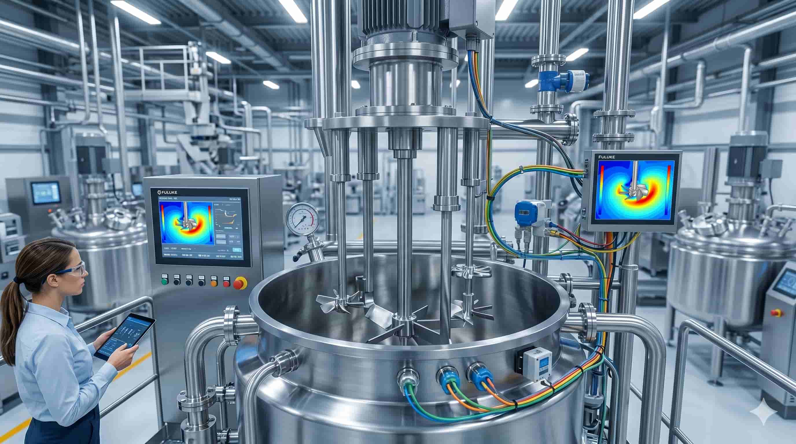 An engineer monitors a large industrial mixing tank with digital control screens.