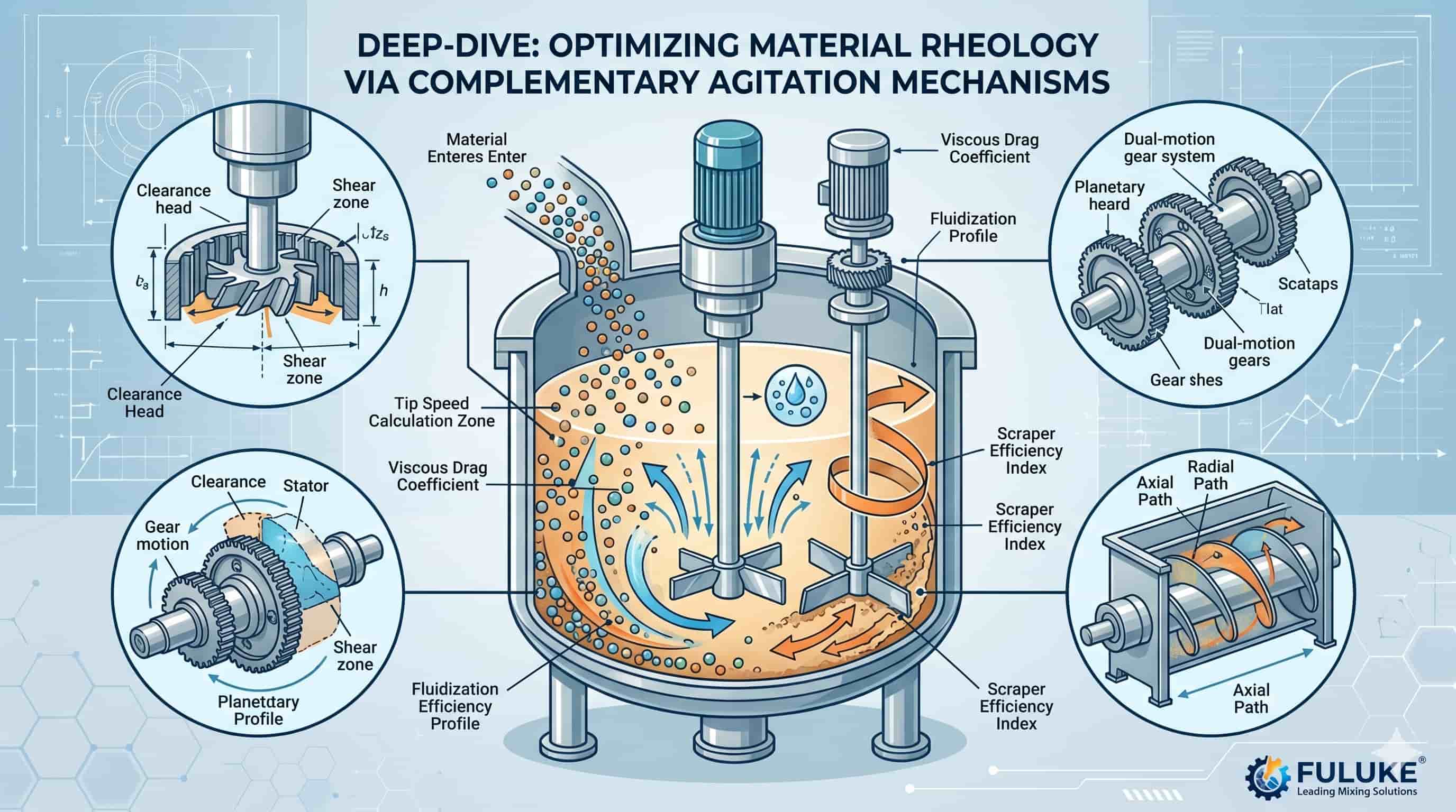 Diagram showing material rheology and agitation mechanisms in a mixing tank.