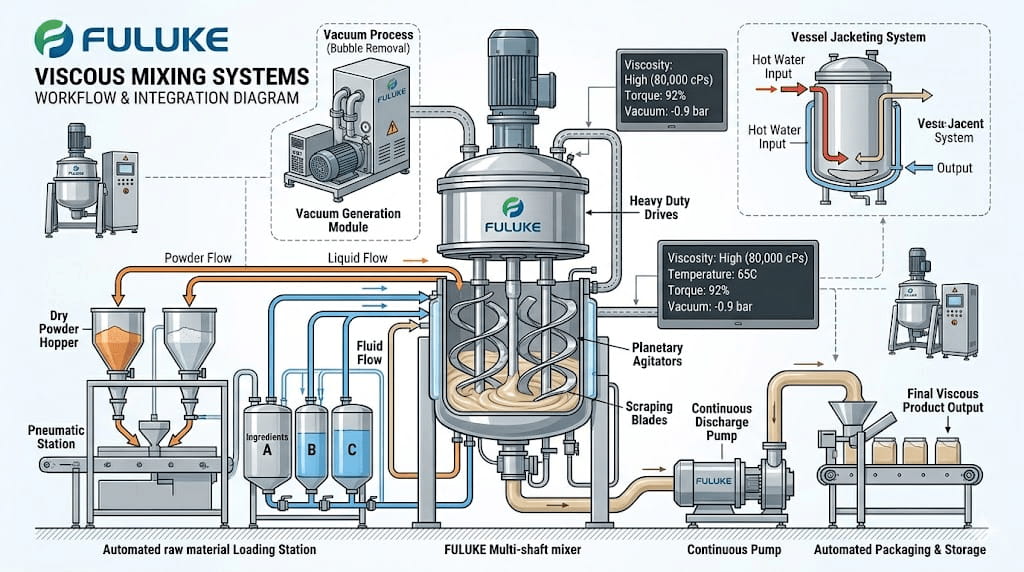 Workflow diagram of a Fuluke viscous mixing and automated packaging system.