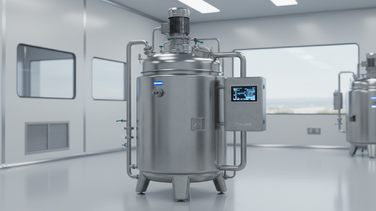 Industrial jacketed mixing tank with a polished stainless steel finish and digital control system