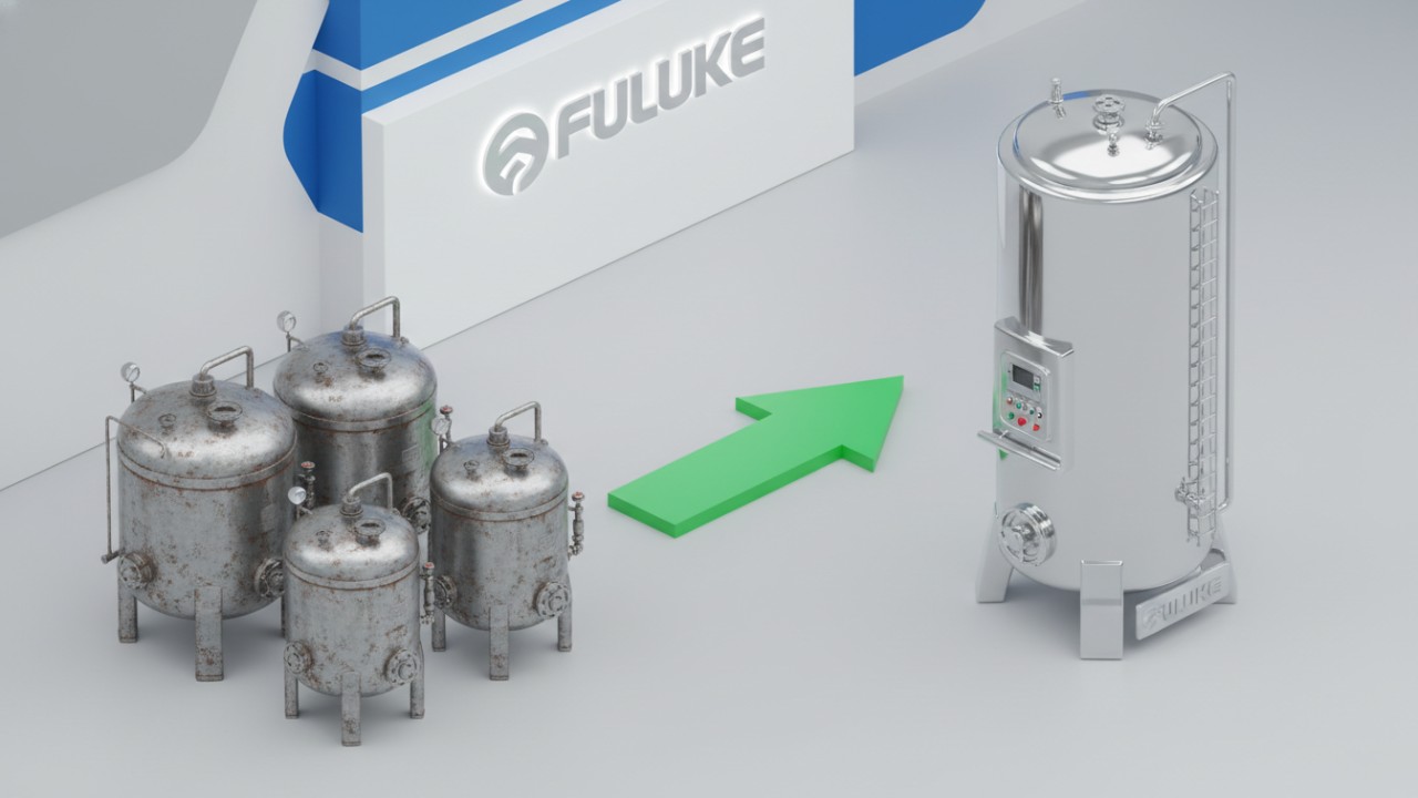 Infographic showing floor space reduction by using one multifunctional tank instead of multiple units