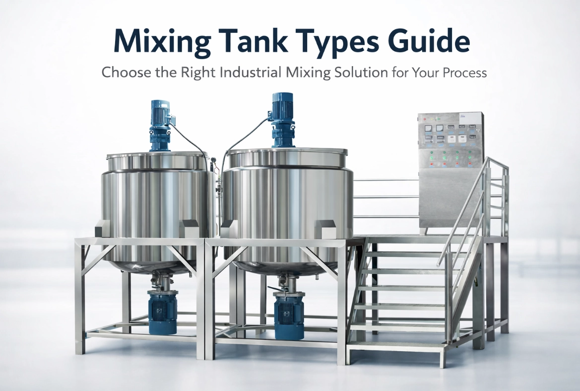 Two industrial stainless steel mixing tanks with blue motors and a control panel. - FULUKE